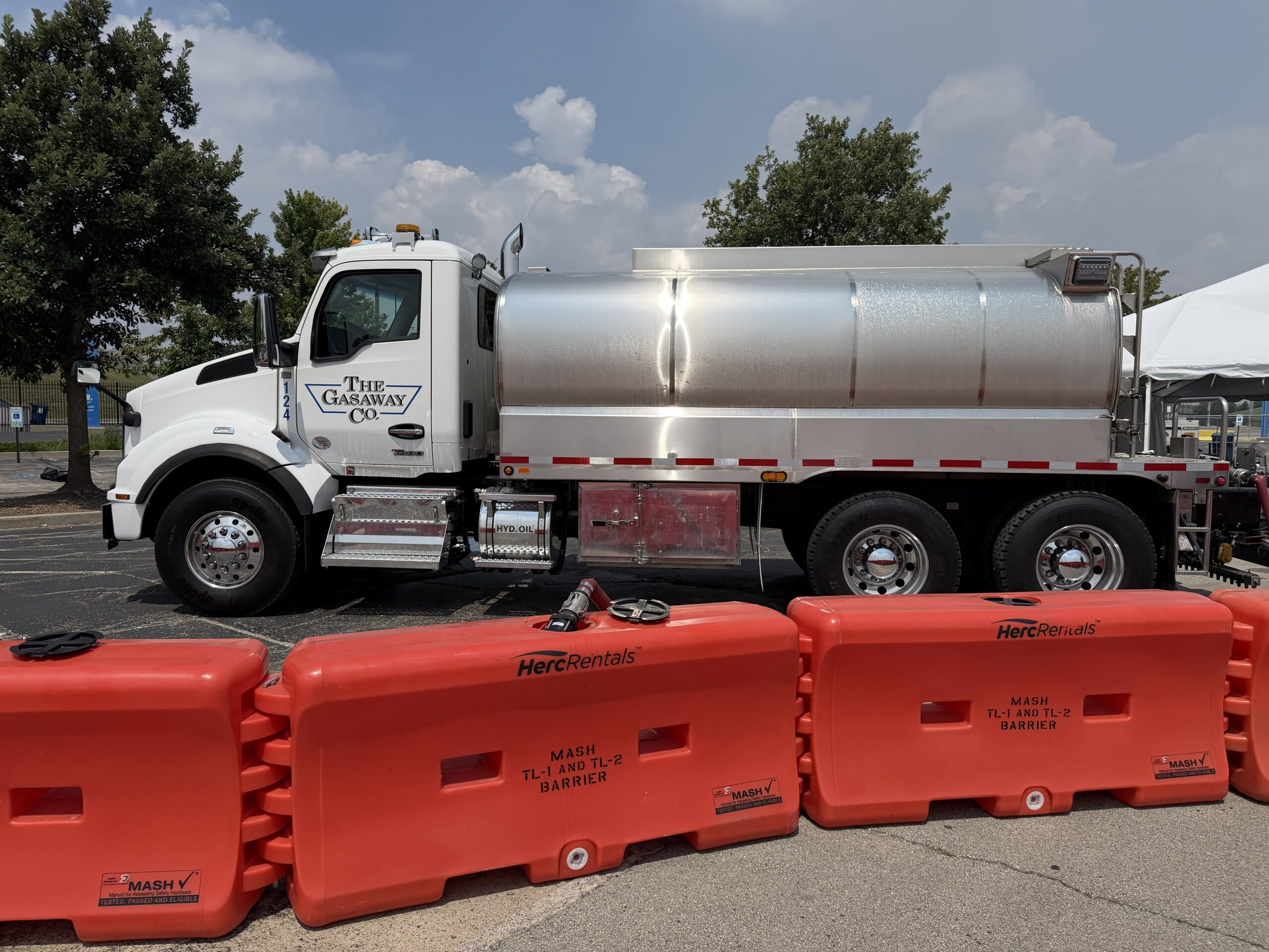 A Gasaway Maintenance Company water truck filling up water barricades at SeatGeek Stadium in Bridgeview, IL.